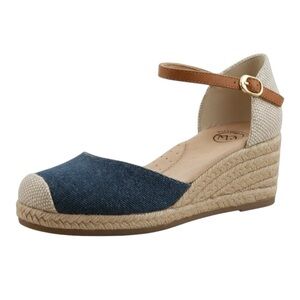 White Mountain Denim Espadrille Wedge Sandals Ankle Strap Comfort Shoes